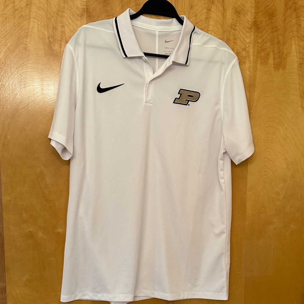 Nike Purdue Dri Fit White Polo Shirt with Black Accents and Purdue Logo